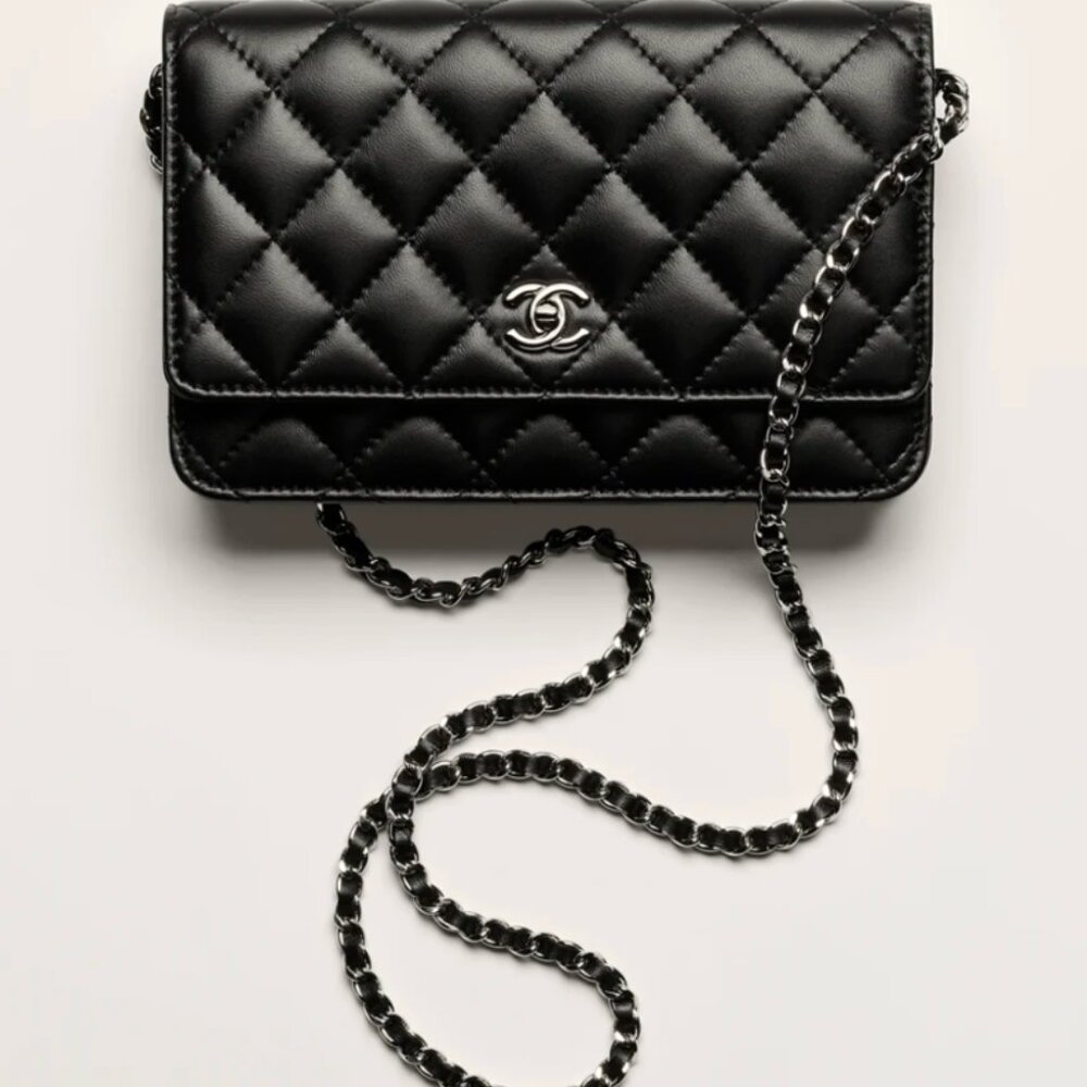 Chanel Lambskin Quilted Wallet On Chain (WOC) – Black w/Silver Trim